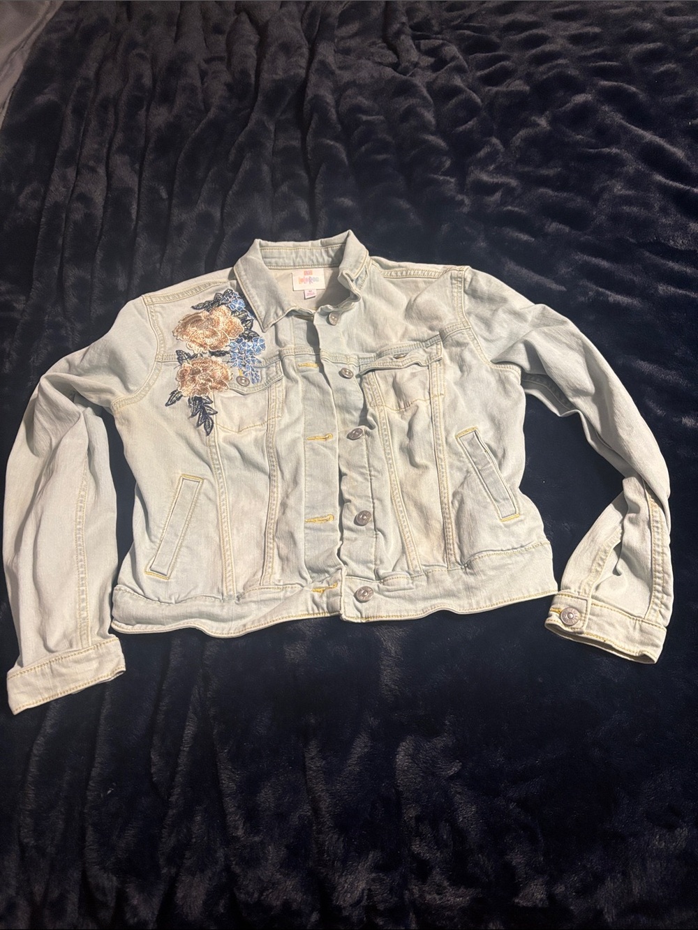LuLaRoe Light Wash Denim Jacket with Blue and Tan Floral Embroidery
